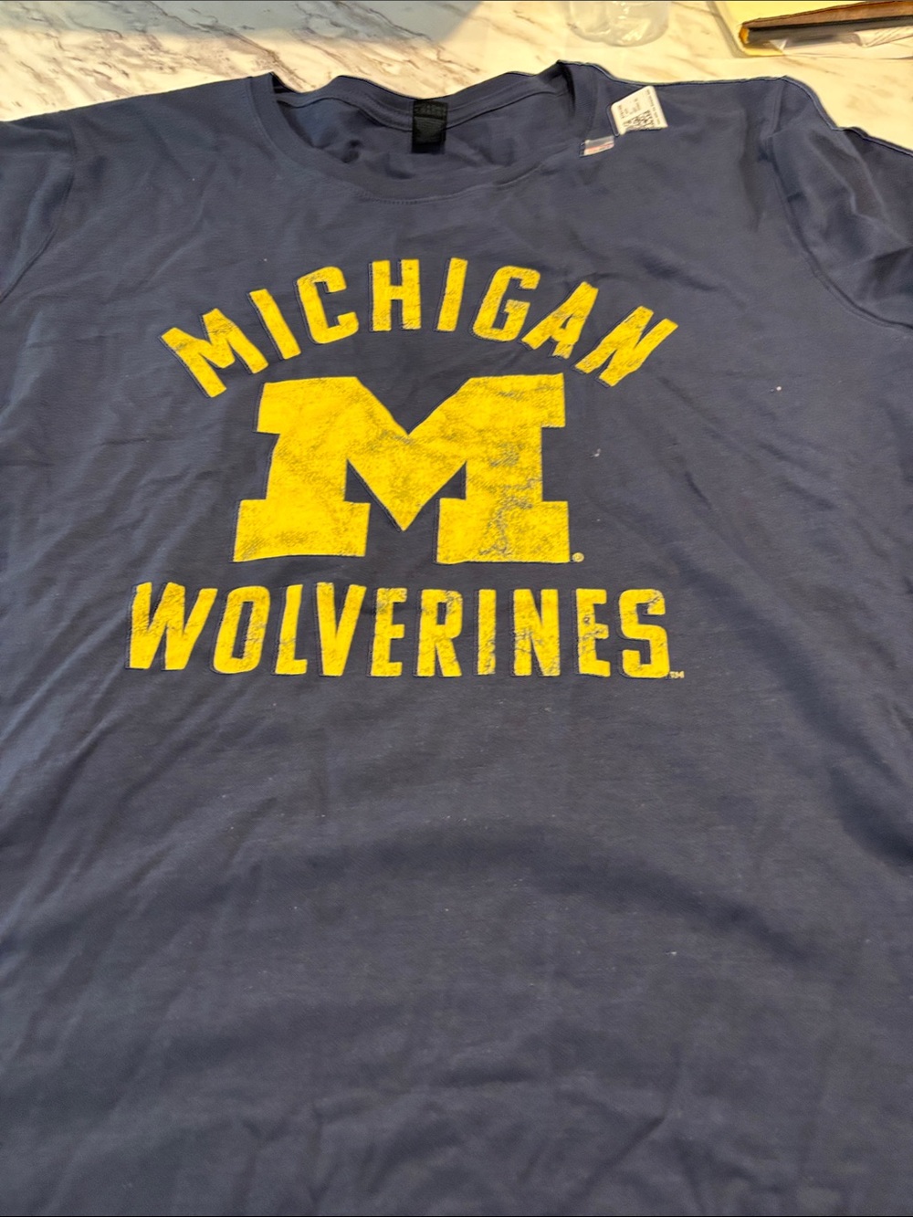 Gildan Navy Blue T-Shirt with Yellow Michigan Wolverines Print